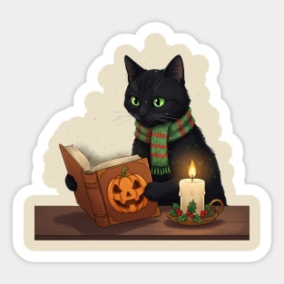 Black Cat Reading Halloween Book by Candlelight Sticker